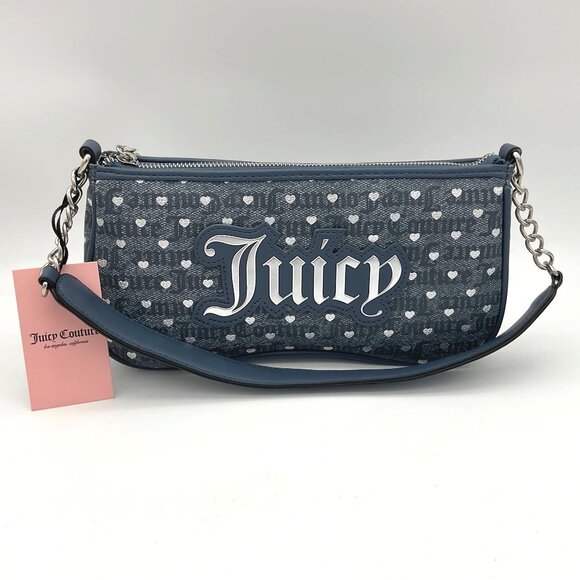 Juicy Couture Poker Face Denim Silver Shoulder Bag LOGO and Hearts Pattern NWT - Picture 1 of 8